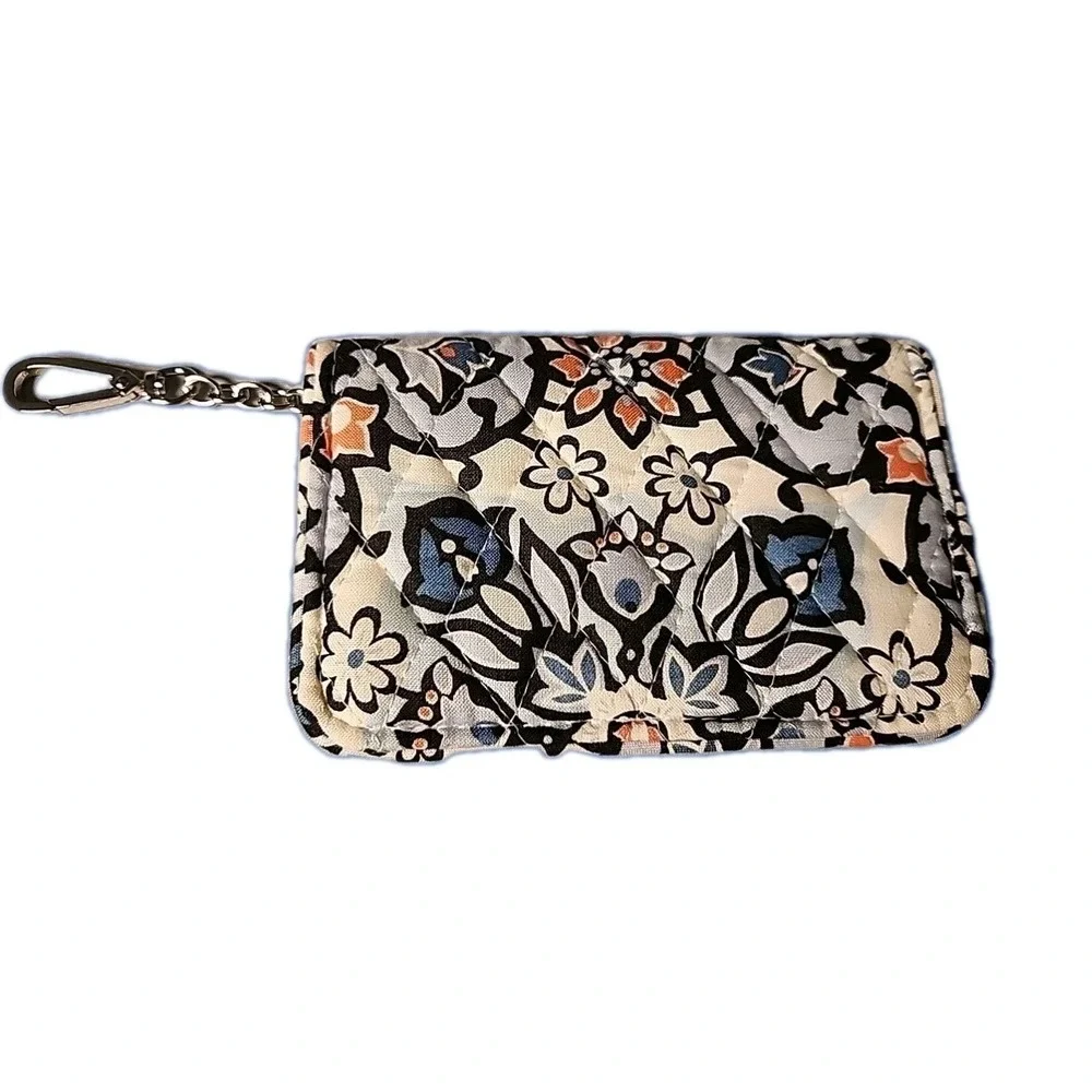 Vera Bradley Blue White Floral Quilted Cotton Snap Wallet with Keychain Clip